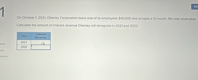 Ch 
4 
On October 1, 2021, Oberley Corporation loans one of its employees $40,000 and accepts a 12-month, 9% note receivable. 
Calculate the amount of interest revenue Oberley will recognize in 2021 and 2022. 
Book 
nnt 
rences