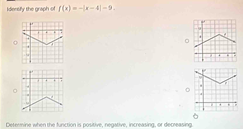 Identify the graph of f(x)=-|x-4|-9. 

Determine when the function is positive, negative, increasing, or decreasing.