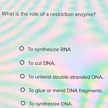 What is the role of a restriction enzyme?
To synthesize RNA
To cut DNA.
To untwist double stranded DNA.
To glue or mend DNA fragments.
To synthesize DNA.