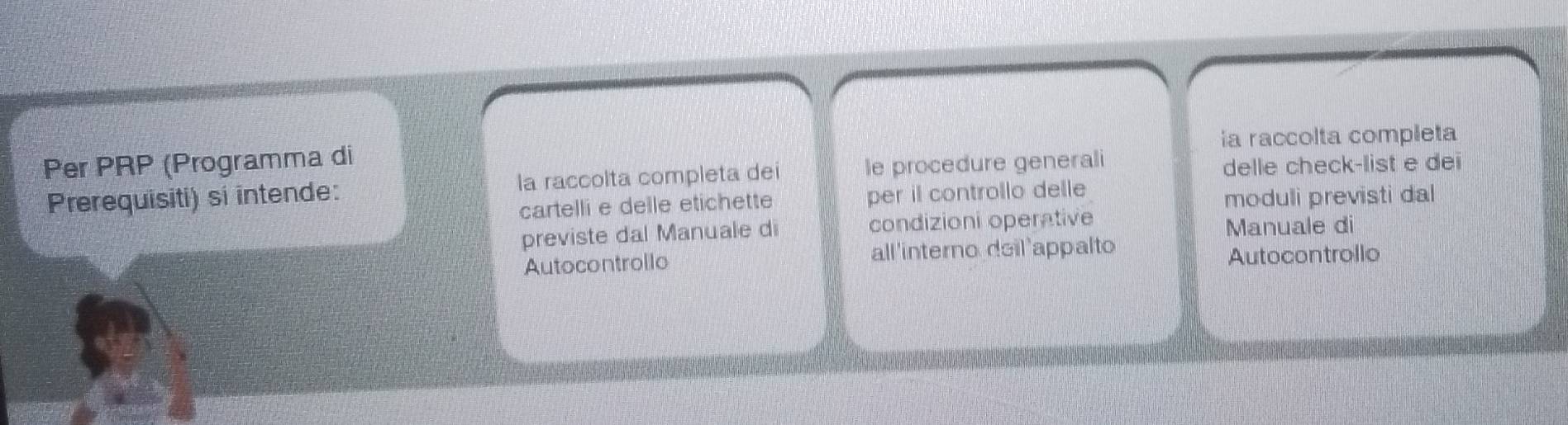 Per PRP (Programma di ia raccolta completa 
Prerequisiti) si intende: la raccolta completa dei le procedure generali delle check-list e dei 
cartelli e delle etichette per il controllo delle moduli previsti dal 
previste dal Manuale di condizioni operative 
Manuale di 
Autocontrollo all'interno doil appalto 
Autocontrollo