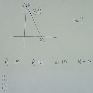 b=
A) 15 B) 12 c) 10° 0)-10
b
d