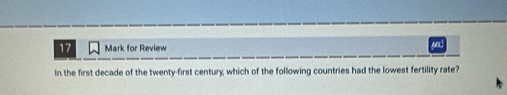 for Review NBS 
In the first decade of the twenty-first century, which of the following countries had the lowest fertility rate?