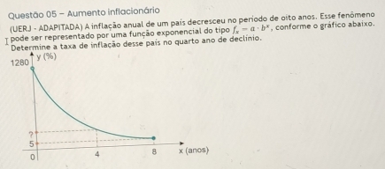 Aumento inflacionário
(UERJ - ADAPITADA) A inflação anual de um país decresceu no período de oito anos. Esse fenômeno
pode ser representado por uma função exponencial do tipo f_x=a· b^x , conforme o gráfico abaixo.
Determine a taxa de inflação desse país no quarto ano de declínio.