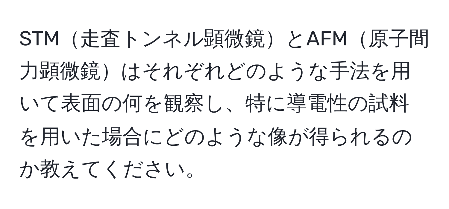 STM走査トンネル顕微鏡とAFM原子間力顕微鏡はそれぞれどのような手法を用いて表面の何を観察し、特に導電性の試料を用いた場合にどのような像が得られるのか教えてください。