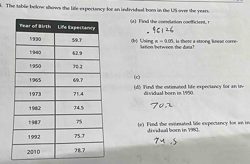 The table below shows the life expectancy for an individual born in the US over the years. 
(a) Find the correlation coefficient, r
(b) Using alpha =0.05 , is there a strong linear corre- 
lation between the data? 
(c) 
(d) Find the estimated life expectancy for an in- 
dividual born in 1950. 
(e) Find the estimated life expectancy for an in 
dividual born in 1982.