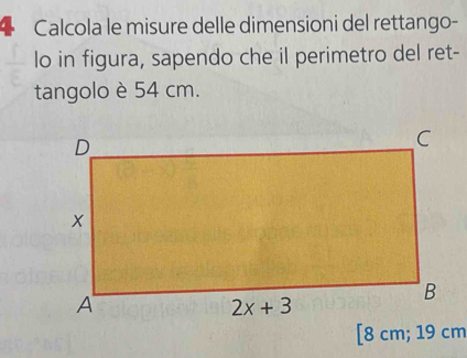 Calcola le misure delle dimensioni del rettango-
lo in figura, sapendo che il perimetro del ret-
tangolo è 54 cm.
[8 cm; 19 cm