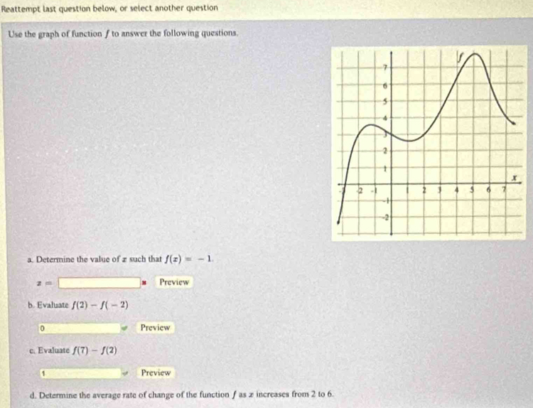 Reattempt last question below, or select another question 
Use the graph of function f to answer the following questions. 
a. Determine the value of z such that f(x)=-1.
z= □ Preview 
b. Evaluate f(2)-f(-2)
0 Preview 
c. Evaluate f(7)-f(2)
1 Preview 
d. Determine the average rate of change of the function ƒ as x increases from 2 to 6.