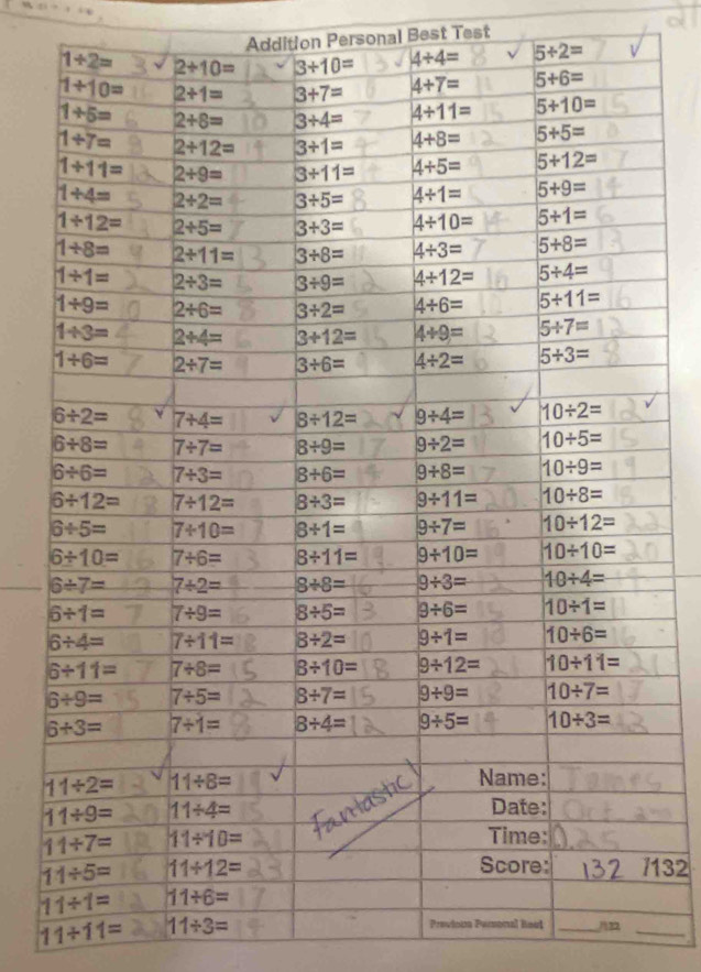 Addition Personal Best Test
1+2= 2+10= 3+10= 4/ 4= 5/ 2=
1/ 10= 2+1= 3+7= 4+7= 5+6=
1/ 5= 2+8= 3+4= 4/ 11= 5+10=
1/ 7= 2+12= 3/ 1= 4+8= 5+5=
1+11= 2+9= 3/ 11= 4+5= 5+12=
1/ 4= 2+2= 3/ 5= 4/ 1= 5+9=
1/ 12= 2+5= 3+3= 4/ 10= 5/ 1=
1+8= 2/ 11= 3/ 8= 4/ 3= 5+8=
1/ 1= 2/ 3= 3/ 9= 4/ 12= 5/ 4=
1/ 9= 2+6= 3/ 2= 4/ 6= 5/ 11=
1/ 3= 2+4= 3+12= 4+9= 5/ 7=
1/ 6= 2/ 7= 3/ 6= 4/ 2= 5/ 3=
6/ 2= 7+4= 8/ 12= 9/ 4= 10/ 2=
6/ 8= 7/ 7= 8/ 9= 9/ 2= 10/ 5=
6/ 6= 7/ 3= 8/ 6= |9/ 8= 10/ 9=
6/ 12= 7/ 12= 8/ 3= 9/ 11= 10/ 8=
6/ 5= 7+10= 8+1= 9/ 7= 10/ 12=
6/ 10= 7/ 6= 8/ 11= 9/ 10= 10/ 10=
6/ 7= 7/ 2= 8/ 8= 9/ 3= 10/ 4=
6/ 1= 7/ 9= 8/ 5= 9/ 6= 10/ 1=
6/ 4= 7/ 11= 8/ 2= 9/ 1= 10/ 6=
6/ 11= 7/ 8= 3/ 10= 9/ 12= 10/ 11=
6/ 9= 7/ 5= 8/ 7= 9/ 9= 10/ 7=
6+3= 7/ 1= 8/ 4= 9/ 5= 10/ 3=
11/ 2= 11/ 8=
Name:
11/ 9= 11/ 4=
Date:
11+7= 11/ 10=
Time:
Score:
11/ 5= 11/ 12= 7132
11/ 1= 11/ 6=
11+11= 11/ 3=
Previons Personal Rest _22_