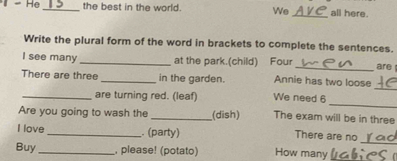 He _the best in the world. We _all here. 
Write the plural form of the word in brackets to complete the sentences. 
I see many _at the park.(child) Four _are 
_ 
There are three _in the garden. Annie has two loose 
_ 
_are turning red. (leaf) We need 6 
Are you going to wash the _(dish) The exam will be in three 
_ 
I love _. (party) 
There are no 
Buy _, please! (potato) 
How many_