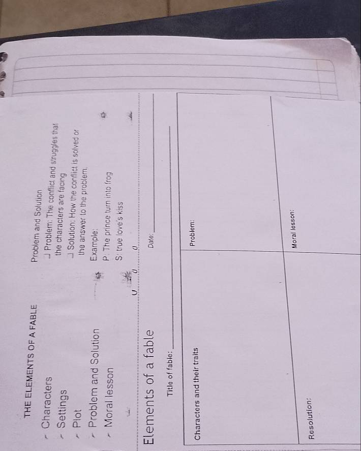 THE ELEMENTS OF A FABLE Problem and Solution 
Problem: The conflict and struggles that 
Characters the characters are facing 
Settings _ Solution: How the conflict is solved or 
Plot the answer to the problem. 
Problem and Solution Example: 
Moral lesson 
P: The prince turn into frog 
S: true love's kiss 
U 
_ 
Elements of a fable Date:_ 
Title of fable: 
_ 
Characters and their traits Problem: 
Moral lesson: 
Resolution: