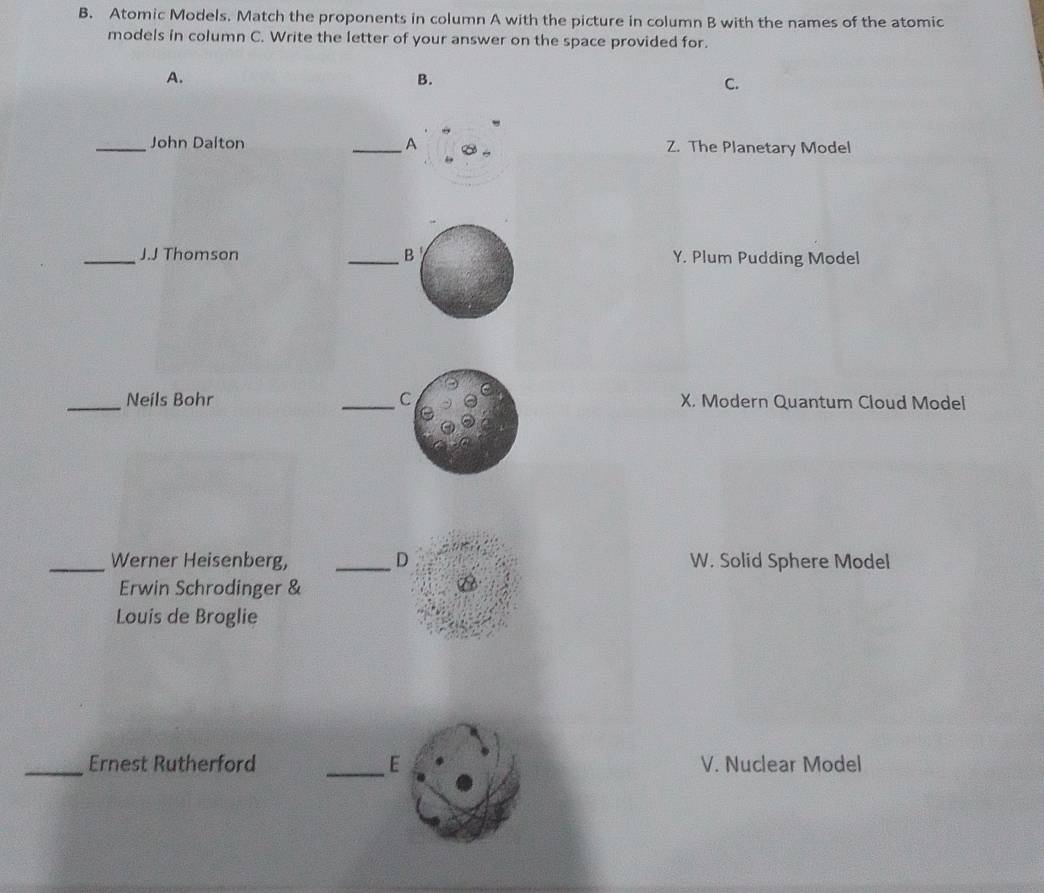 Atomic Models. Match the proponents in column A with the picture in column B with the names of the atomic
models in column C. Write the letter of your answer on the space provided for.
A.
B.
C.
_John Dalton _A Z. The Planetary Model
B
_J.J Thomson _Y. Plum Pudding Model
_Neils Bohr _ X. Modern Quantum Cloud Model
_Werner Heisenberg, _D W. Solid Sphere Model
Erwin Schrodinger &
Louis de Broglie
_Ernest Rutherford _E V. Nuclear Model