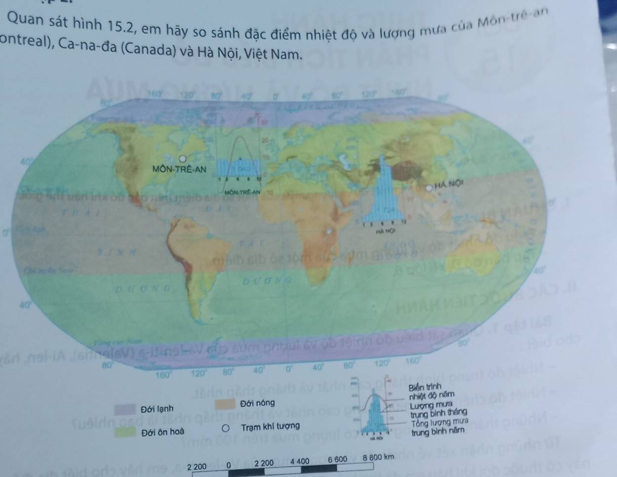 Quan sát hình 15.2, em hãy so sánh đặc điểm nhiệt độ và lượng mưa của Môn-trê-an
ontreal), Ca-na-đa (Canada) và Hà Nội, Việt Nam.
šr ,nɘl-iA ,(snnओlsV) s-l
nhiệt độ năm
Đới lạnh Đới nóng 
Lượng mưa
trung bình tháng
Đới ôn hoà Trạm khí tượng
Tổng lượng mưa
à t0 trung bình năm
2200 0 2 200 4 400 6 600 8 800 km