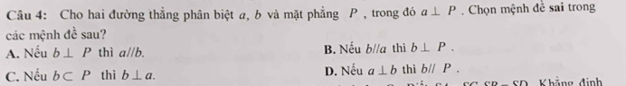 Cho hai đường thẳng phân biệt a, b và mặt phẳng P , trong đó a⊥ P Chọn mệnh đề sai trong
các mệnh đề sau?
A. Nếu b⊥ P thì aparallel b. B. Nếu bparallel a thì b⊥ P.
C. Nếu b⊂ P thì b⊥ a. D. Nếu a⊥ b thì bparallel P. Khẳng định