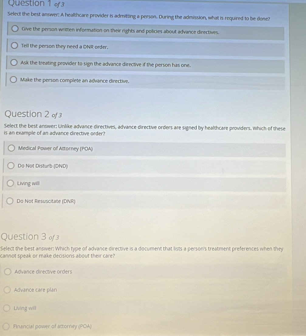 Solved: Select the best answer: A healthcare provider is admitting a ...