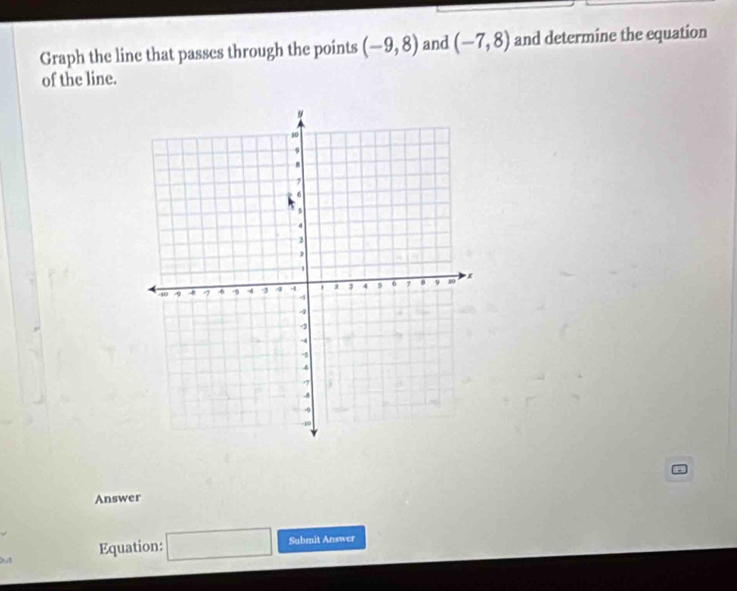 Graph the line that passes through the points (-9,8) and (-7,8) and determine the equation 
of the line. 
Answer 
but Equation: □ Submit Answer