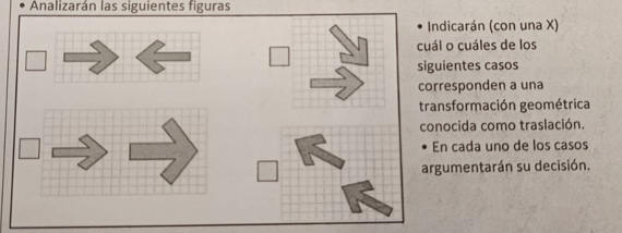 Analizarán las siguientes figuras 
Indicarán (con una X) 
cuál o cuáles de los 
siguientes casos 
corresponden a una 
transformación geométrica 
conocida como traslación. 
En cada uno de los casos 
argumentarán su decisión.