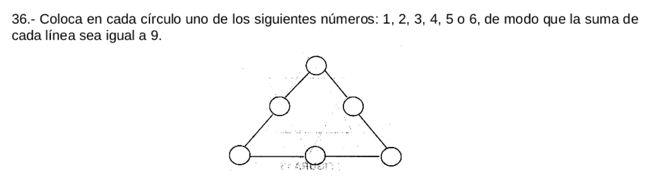 36.- Coloca en cada círculo uno de los siguientes números: 1, 2, 3, 4, 5 o 6, de modo que la suma de 
cada línea sea igual a 9.