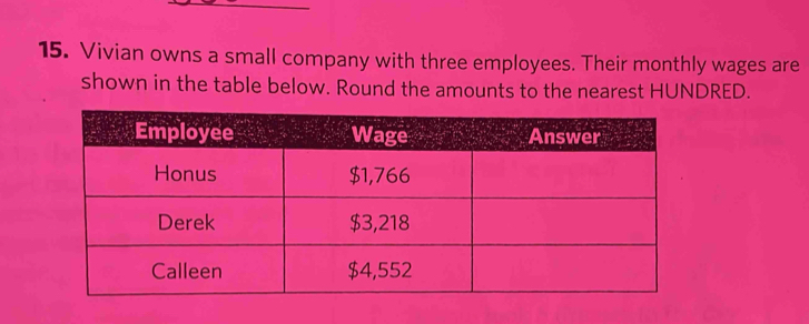 Vivian owns a small company with three employees. Their monthly wages are 
shown in the table below. Round the amounts to the nearest HUNDRED.