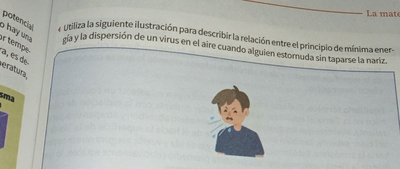 La mate 
hay una potencial 4 Utiliza la siguiente ilustración para describir la relación entre el principio de mínima ener- 
r temp 
gía y la dispersión de un virus en el aire cuando alguien estornuda sin taparse la nariz 
a, es de eratura, 
sma