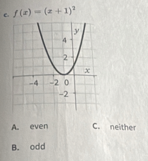 f(x)=(x+1)^2
A. even C. neither
B. odd