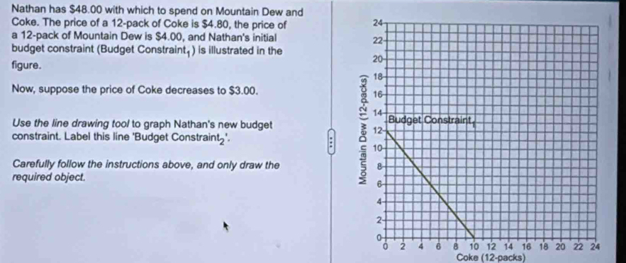 Nathan has $48.00 with which to spend on Mountain Dew and 
Coke. The price of a 12 -pack of Coke is $4.80, the price of 
a 12 -pack of Mountain Dew is $4.00, and Nathan's initial 
budget constraint (Budget Constraint,) is illustrated in the 
figure. 
Now, suppose the price of Coke decreases to $3.00. 
Use the line drawing tool to graph Nathan's new budget 
constraint. Label this line 'Budget Constraint'. 
: 
Carefully follow the instructions above, and only draw the 
required object. 
Coke (12 -packs)