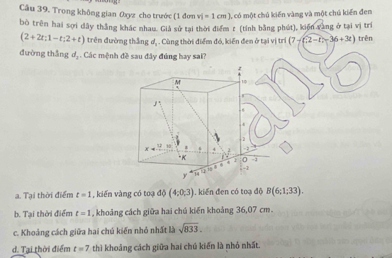 Trong không gian Oxyz cho trước (1 đơn vi=1cm) , có một chú kiến vàng và một chú kiến đen
bò trên hai sợi dây thắng khác nhau. Giả sử tại thời điểm t (tính bằng phút), kiến vàng ở tại vị trí
(2+2t; 1-t; 2+t) trên đường thắng d_1. Cùng thời điểm đó, kiến đen ở tại vị trí (7-t; 2-t;-36+3t) trên
đường thẳng d_2. Các mệnh đề sau đây đúng hay sai?
z
M 10
8
-6. 4
-2
12
x 10 8 6 4 2 =2
- K 2 0 -2
4
y 14 12 10 -2
a. Tại thời điểm t=1 , kiến vàng có toạ độ (4;0;3). kiến đen có toạ độ B(6;1;33).
b. Tại thời điểm t=1 , khoảng cách giữa hai chú kiến khoảng 36,07 cm.
c. Khoảng cách giữa hai chú kiến nhỏ nhất là sqrt(833).
d. Tại thời điểm t=7 thì khoảng cách giữa hai chú kiến là nhỏ nhất.