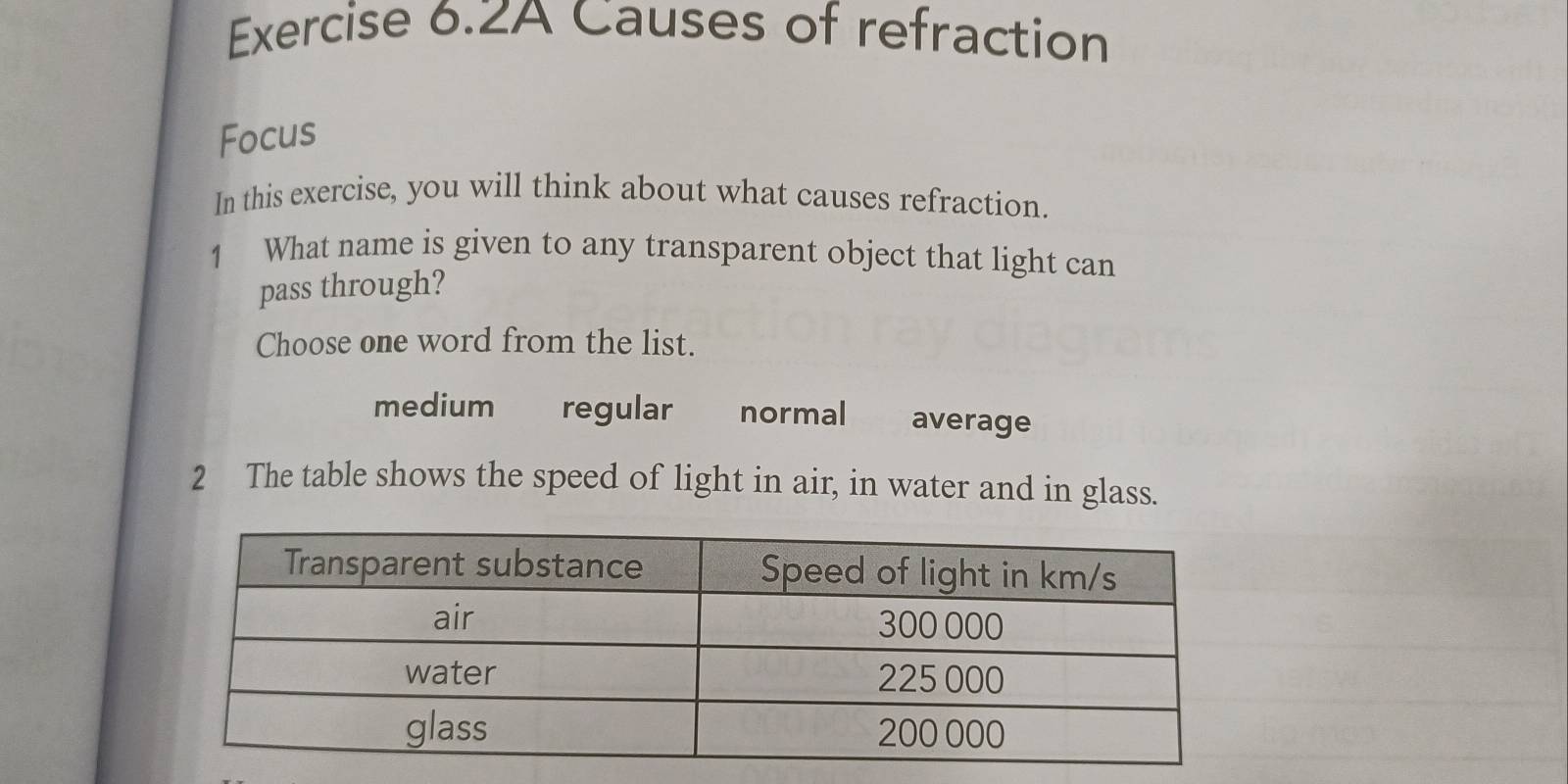 Exercise 6.2A Causes of refraction
Focus
In this exercise, you will think about what causes refraction.
1 What name is given to any transparent object that light can
pass through?
Choose one word from the list.
medium regular normal average
2 The table shows the speed of light in air, in water and in glass.