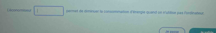 L'économiseur permet de diminuer la consommation d'énergie quand on n'utilise pas l'ordinateur. 
Je passe