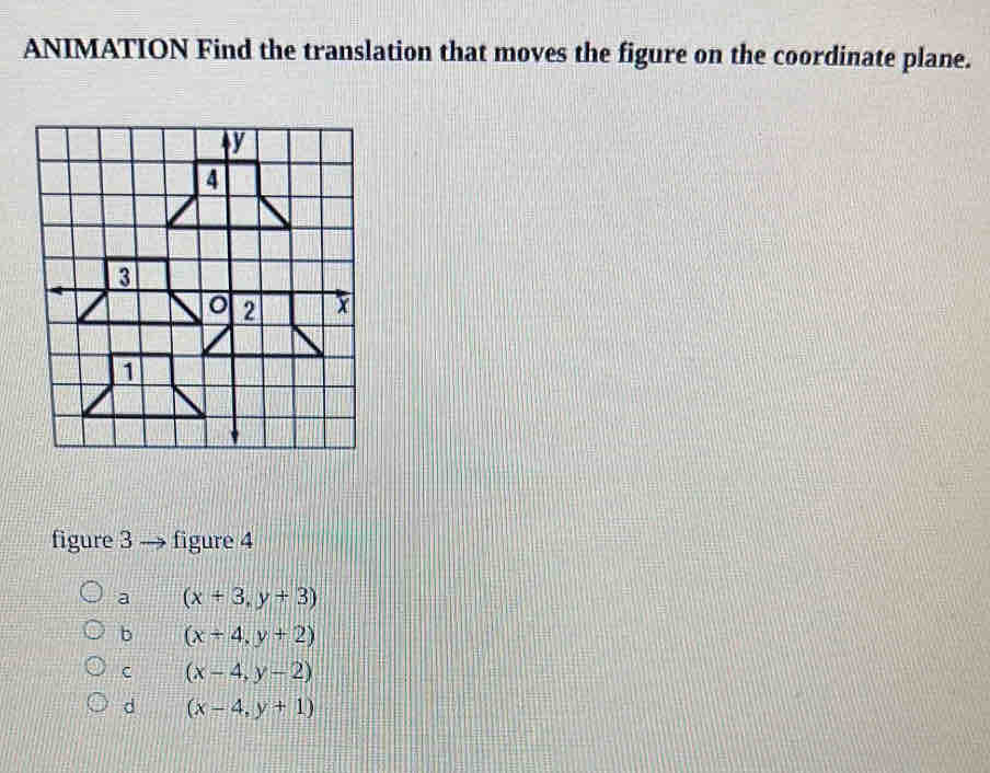 ANIMATION Find the translation that moves the figure on the coordinate plane.
figure 3 figure 4
a (x+3,y+3)
b (x+4,y+2)
c (x-4,y-2)
d (x-4,y+1)