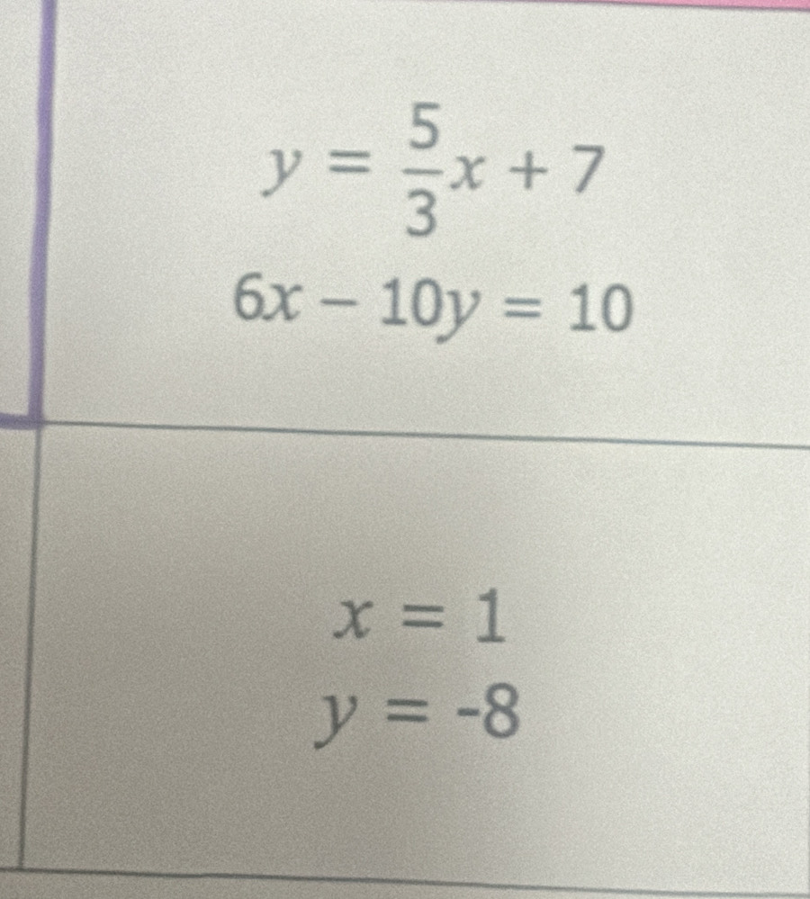 y= 5/3 x+7
6x-10y=10
x=1
y=-8