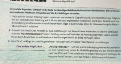 Weimarer Republik aus? 
ihr seid die Experten: Schlüpft in die Rolle fachkundiger Wahlforscherinnen bzw. Wahlforscher, die vor einem 
interessierten Publikum Antworten auf die drei Leitfragen vorstellen. 
1. Setzt euch in kleinen Arbeitsgruppen zusammen und wertet die Diagramme und Zahlenstatistiken aus. Folgt da- 
bei der methodischen Anleitung auf 5. 97 und den dazu angebotenen inhaltlichen Starthilfen. Bezleht auch die 
Einschätzung des Parteienforschers Falter (M 4) ein. Tipp: in eurer Gruppe könnt ihr die Auswertung der Materi- 
alien unter euch aufteilen. 
2. Entwerft ein inhaltliches Konzept für eure Ausführungen, mit denen ihr eure Antworten auf die drei Leitfragen 
vorsteilt. Präsentationstipp: Projiziert die Diagramme und Statistiken als Anschauungsmittel, sodass sowohl 
ihr als auch die Zuhörer sie während eurer Ausführungen immer als Beleg vor Augen haben. 
3. Sprecht ab und legt fest, wie ihr gemeinsam vortragen wollt. Probt die Präsentation in eurer Gruppe. 
Eine andere Möglichkeit ... _Anfang vom Ende?" - Schreibt in einer Arbeitsgruppe einen kurzen Artikei 
für eine Tageszeitung, in dem ihr die Wahlergebnisse und das Wahlverhalten 
zwischen 1928 und 1933 darsteilt und vor diesem Hintergrund die Frage An 
fang vorn Ende?'' erörtert. Stellt den Artikel in der Klasse zur Diskussion.