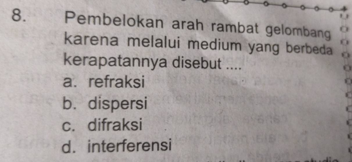 Pembelokan arah rambat gelombang
karena melalui medium yang berbeda
kerapatannya disebut ....
a.refraksi
b. dispersi
c. difraksi
d. interferensi