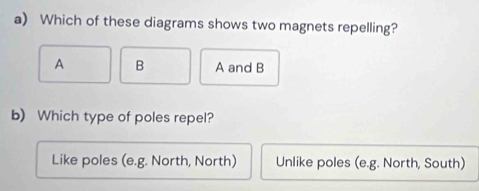 Which of these diagrams shows two magnets repelling?
A B A and B
b) Which type of poles repel?
Like poles (e.g. North, North) Unlike poles (e.g. North, South)