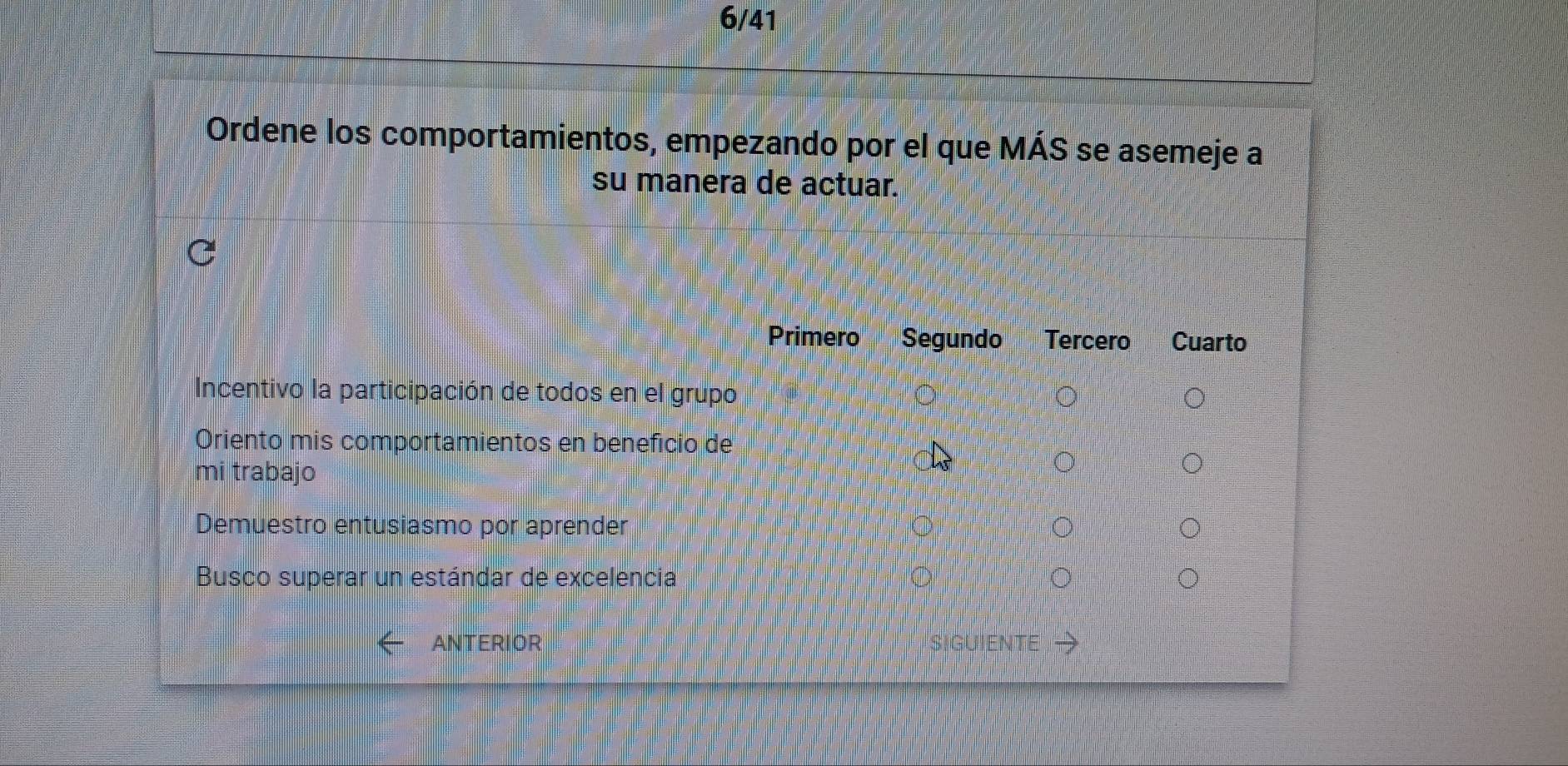 6/41
Ordene los comportamientos, empezando por el que MÁS se asemeje a
su manera de actuar.
Primero Segundo Tercero Cuarto
Incentivo la participación de todos en el grupo
Oriento mis comportamientos en beneficio de
mi trabajo
Demuestro entusiasmo por aprender
Busco superar un estándar de excelencia
ANTERIOR SIGUIENTE →