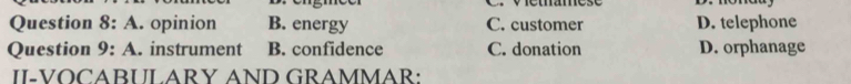 A. opinion B. energy C. customer D. telephone
Question 9: A. instrument B. confidence C. donation D. orphanage
II-VOCABULARY AND GRAMMAR: