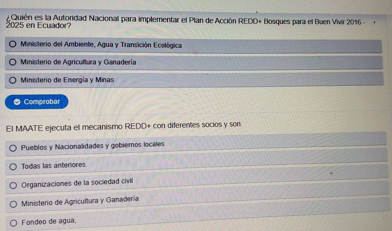 ¿ Quién es la Autoridad Nacional para implementar el Plan de Acción REDD+ Bosques para el Buen Vivir 2016 -
2025 en Ecuador?
Ministerio del Ambiente, Agua y Transición Ecológica
Ministerio de Agricultura y Ganadería
Ministerio de Energía y Minas
Comprobar
El MAATE ejecuta el mecanismo REDD+ con diferentes socios y son:
Pueblos y Nacionalidades y gobiernos locales
Todas las anteriores
Organizaciones de la sociedad civil
Ministerio de Agricultura y Ganadería
Fondeo de agua,