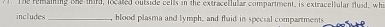 The remaiing ohe mird, located outside cells in the extracellular compartment, is extracellular fluid, whi 
includes _, blood plasma and lymph, and fluid in specsal compartments