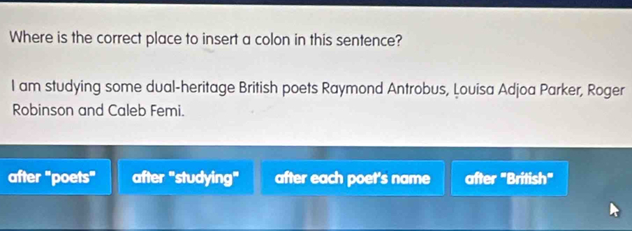 Where is the correct place to insert a colon in this sentence?
l am studying some dual-heritage British poets Raymond Antrobus, Louisa Adjoa Parker, Roger
Robinson and Caleb Femi.
after "poets" after "studying" after each poet's name after "British"