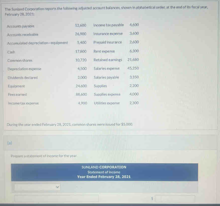 The Sunland Corporation reports the following adjusted account balances, shown in alphabetical order, at the end of its fiscal year, 
February 28, 2021: 
Accounts payable 12.600 Income tax payable 4,600
Accounts recelvable 26,900 Insurance expense 3.600
Accumulated depreciation—equipment 5.400 Prepaid Insurance 2,600
Cash 17,800 Rent expense 6,300
Common shares 10,720 Retained earnings 21.680
Depreciation expense 4,500 Salaries expense 45,250
Dividends declared 2,000 Salaries payable 3.350
Equipment 24.600 Supplies 2,200
Fees earned 88,600 Supplies expense 4,000
Income tax expense 4,900 Utilities expense 2.300
During the year ended February 28, 2021, common shares were issued for $5,000. 
(a) 
Prepare a statement of income for the year
SUNLAND CORPORATION 
Statement of Income 
Year Ended February 28, 2021
$