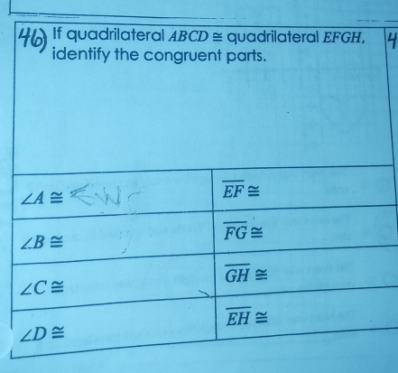 If quadrilateral ABCD ≅ quadrilateral EFGH,
identify the congruent parts.