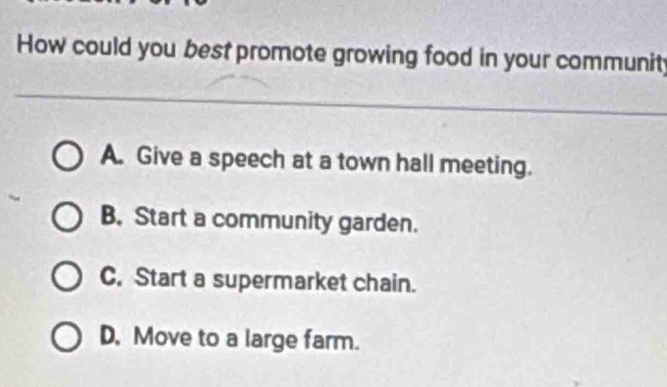 How could you best promote growing food in your communit;
A. Give a speech at a town hall meeting.
B. Start a community garden.
C. Start a supermarket chain.
D. Move to a large farm.