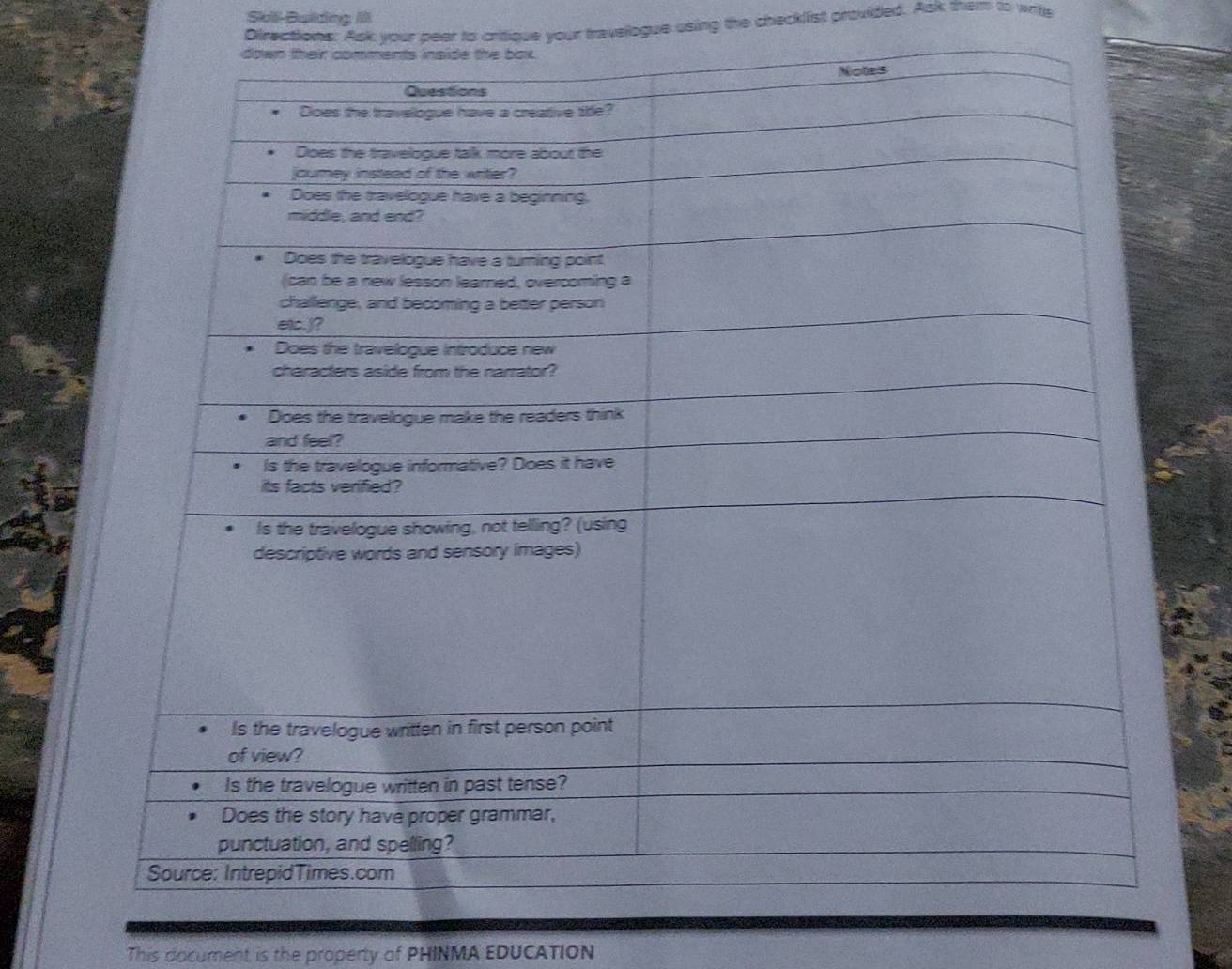 Sol Buiding I 
Directions: Ask your peer to critique your travelogue using the checklist provided. Ask them to write 
This document is the property of PHINMA EDUCATION