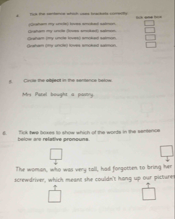 Tick the sentence which uses brackets correctly.
Sick one box
(Graham my uncle) loves smoked salmon.
Graham my uncle (loves smoked) salmon.
Graham (my uncle loves) smoked salmon.
Graham (my uncle) loves smoked salmon.
5. Circle the object in the sentence below.
Mrs Patel bought a pastry.
6. Tick two boxes to show which of the words in the sentence
below are relative pronouns.
The woman, who was very tall, had forgotten to bring her
screwdriver, which meant she couldn't hang up our pictures