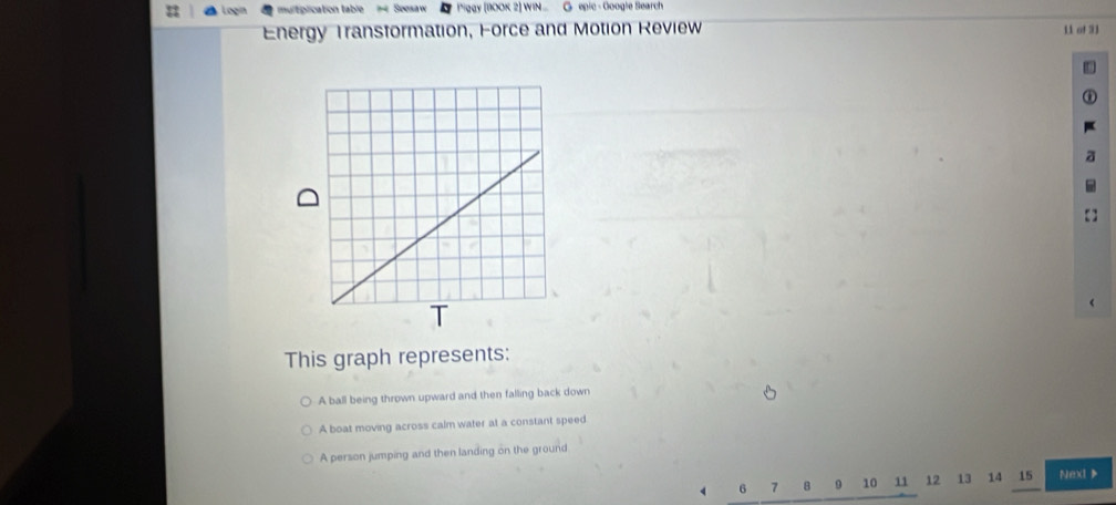 multiplication table 1- Seesaw Piggy [BOOK 2] WIN... G epic - Google Search
Energy Transformation, Force and Motion Review 11 of 31
This graph represents:
A ball being thrown upward and then falling back down
A boat moving across calm water at a constant speed
A person jumping and then landing on the ground
6 7 8 9 10 11 12 13 14 15 Next》