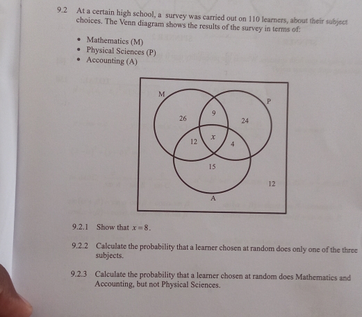 9.2 At a certain high school, a survey was carried out on 110 learners, about their subject 
choices. The Venn diagram shows the results of the survey in terms of: 
Mathematics (M) 
Physical Sciences (P) 
Accounting (A)
M
P
9
26 24
x
12 4
15
12
A 
9.2.1 Show that x=8. 
9.2.2 Calculate the probability that a learner chosen at random does only one of the three 
subjects. 
9.2.3 Calculate the probability that a learner chosen at random does Mathematics and 
Accounting, but not Physical Sciences.