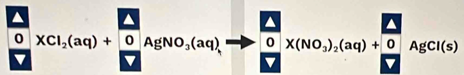 frac 32xcl_2_2(aq)+ 0/□  AgNO_3(aq)to  □ /□  * (NO_3)_2(aq)+ □ /□  AgCl(s) 
^1°