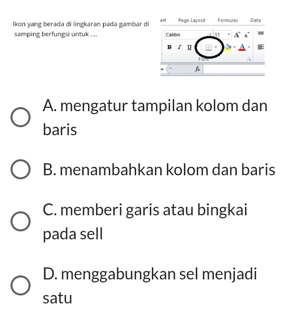 Ikon yang berada di lingkaran pada gambar di
samping berfungsi untuk ....
A. mengatur tampilan kolom dan
baris
B. menambahkan kolom dan baris
C. memberi garis atau bingkai
pada sell
D. menggabungkan sel menjadi
satu