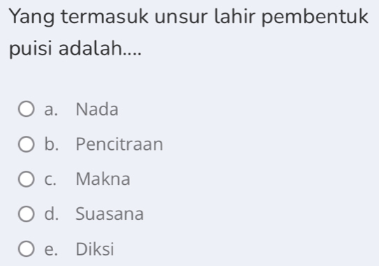 Yang termasuk unsur lahir pembentuk
puisi adalah....
a. Nada
b. Pencitraan
c. Makna
d. Suasana
e. Diksi