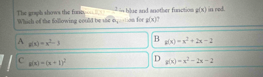 The graph shows the function f(x)-x^2 bue and another function g(x) in red.
Which of the following could be the equation for g(x) ?
A g(x)=x^2-3
B g(x)=x^2+2x-2
C g(x)=(x+1)^2
D g(x)=x^2-2x-2