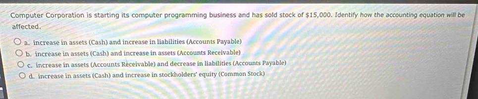 Computer Corporation is starting its computer programming business and has sold stock of $15,000. Identify how the accounting equation will be
affected.
a. increase in assets (Cash) and increase in liabilities (Accounts Payable)
b. increase in asset $ (Cash) and increase in assets (Accounts Receivable)
c. increase in assets (Accounts Receivable) and decrease in liabilities (Accounts Payable)
d. increase in assets (Cash) and increase in stockholders' equity (Common Stock)